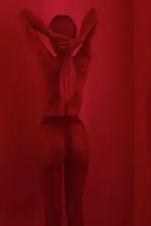 Gender Prints: Studio Fashion Portrait Of Blonde Wearing tights, back view, red filter