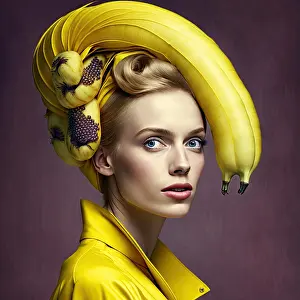 Beautiful Woman Prints: studio shot of a woman wearing a banana looking hat. Generative AI