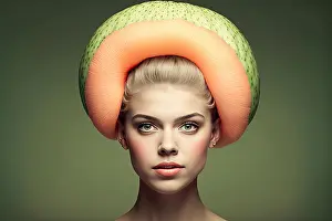 Chic Prints: studio shot of a woman wearing a melon looking hat. Generative AI