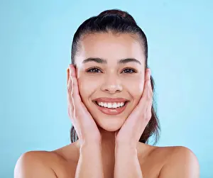 Skincare Prints: Studio, skincare and portrait of happy woman with hands