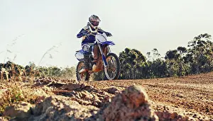 Stunt Prints: Stunt, race and man on dirt bike in desert with adventure