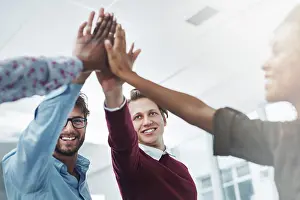 Successful Prints: Success, high five or team in office for business