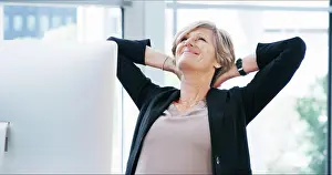 Report Prints: Success, stretching and computer with business woman for corporate venture capital