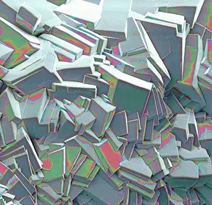 Multicoloured Prints: Sucrose crystals, coloured scanning electron micrograph SEM