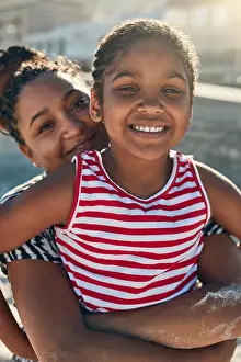 Miami Prints: Summer, African mother and child portrait on beach for love