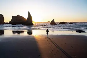 Hike Prints: Sun Setting Behind Sea Stacks On The Oregon Coast