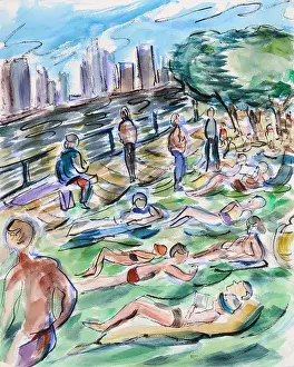 Richard Prints: Sunning on the Pier, 2012, Richard H. Fox (b.1960/American), Watercolor and Ink on Paper