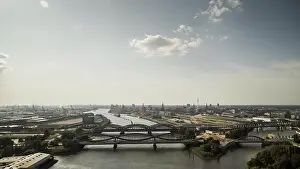Hamburg Prints: Sunny scenic view Hamburg and bridges over Elbe River, Germany