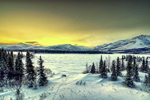 Ponds Prints: Sunrise over the frozen Otto Lake and snowy mountains of Denali National Park in the background