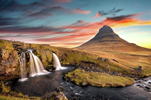 Dramatic Sky Prints: Sunrise at Kirkjufell Mountain overlooking a small waterfall, Iceland, Polar Regions