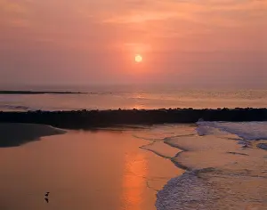 Waves Prints: SUNRISE NEW JERSEY SHORE SUN OVER ATLANTIC OCEAN WAVES ON BEACH BREAKWATER