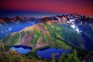 Hike Prints: Sunset Alpenglow over Twin Lakes and Mt Shuksan viewed from Winchester Mountain Lookout