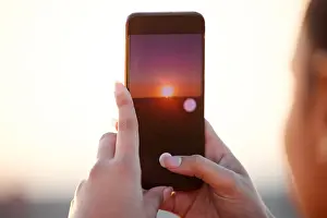 Cellphone Prints: Sunset, phone and hands of woman