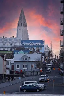Glacier Prints: sunset in reikiavik skiline with special church