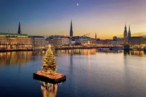 Christmas Prints: Sunset skyline of Hamburg, Germany with Christmas decorations