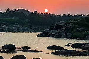 River Course Prints: Sunset over Tungabhadra river and a part of the ruins of the former Vijayanagara Empire