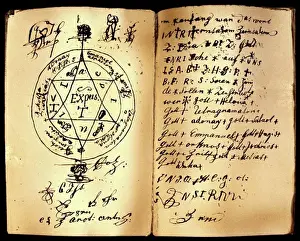 Manuscript Prints: superstition seal double page handwritten grimoire with hexagram names of god