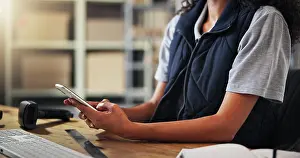 Logistics Prints: Supply chain, distribution and hands with phone for delivery