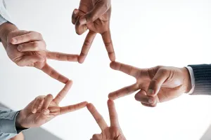 Signs Prints: Support, community and peace sign with hands of business people in collaboration for networking