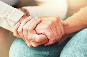 Empathy Prints: Support, trust and hands, senior care in therapy or grief counseling session