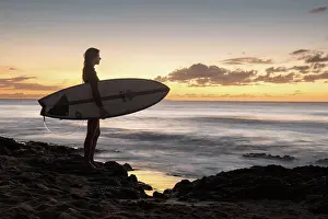 Wellness Gallery Prints: Surfer Girl Silhouette Against Colorful Sunset