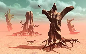 Mystery Prints: A surreal look at a petrified prehistoric forest featuring a Compsognathus dinosaur and a flying Eudimorphodon