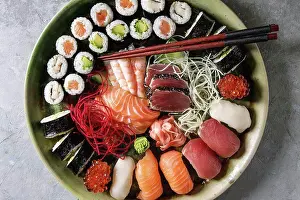 Platter Prints: Sushi Set nigiri sashimi and sushi rolls in ceramic serving plate with salad