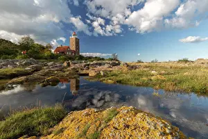 Rocky Coast Prints: Svaneke Gamle Fyr Lighthouse with reflection in the water, Svaneke, Bornholm, Denmark