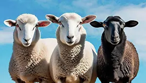 Symbolic Pictures Prints: Symbolic image, A black sheep and two white sheep with thick wool, AI generated