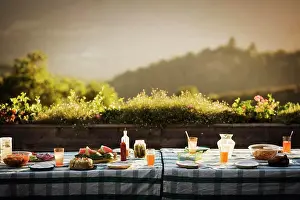 Tableware Prints: Table filled with drinks and food outside in the garden
