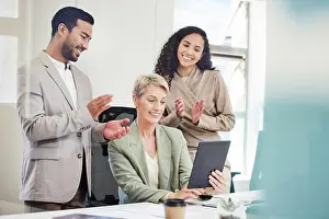 Paperwork Prints: Tablet, applause and business people in office with celebration