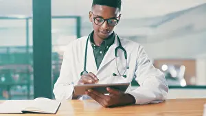 Tablet, black man and doctor in hospital with medical research for treatment planning