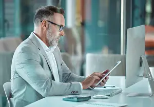 Notes Prints: Tablet, computer and mature man in office with research