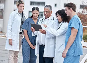 Doctors Prints: Tablet, doctors and medical people at hospital outdoor with clinic management