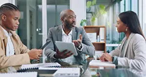 Tablet Prints: Tablet, group of business people with boss and pitch feedback for project management workshop