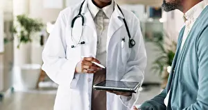 Doctors Prints: Tablet, hands and patient with doctor in clinic for checkup with cold
