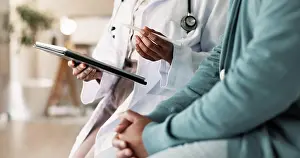 Doctors Prints: Tablet, hands and patient with doctor for consultation with cold