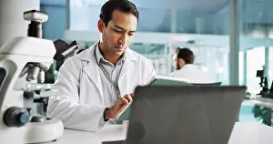 Vaccine Prints: Tablet, medical and research with man in laboratory for typing