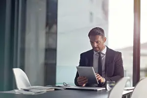 Analytics Prints: Tablet, office and business man reading email