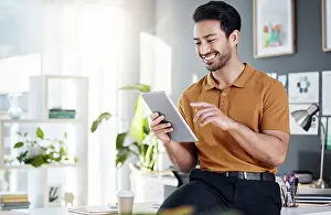 Analyst Prints: Tablet, office and happy man with online software