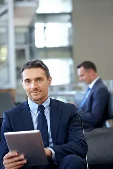 Invest Prints: Tablet, Portrait or business man with smile in airport lobby for invest strategy