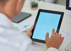 Chart Prints: Tablet screen, mockup and hands of business man in office for website