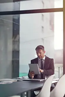 Analytics Prints: Tablet, search and business man in office for corporate management