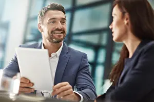 Sales Prints: Tablet, teamwork and business people meeting in office workplace