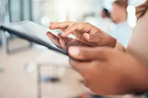 Network Prints: Tablet, woman hands and communication using technology for networking