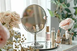 Generative Prints: A tabletop mirror with a silver stand is surrounded by various cosmetic products and flowers on a vanity table