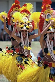 Ceremony Prints: Tahitian Dancers in native costume, bright yellow skirts & headdresses A56D