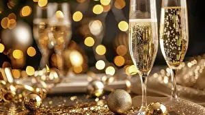 Beverage Prints: Two tall glasses of sparkling wine sit on a festive table setting adorned with gold ornaments
