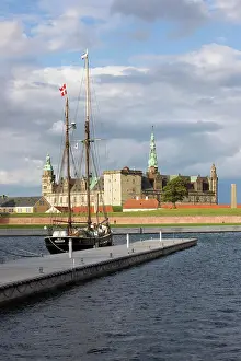 Cloudscape Prints: Tall ship in harbour with Kronborg Castle used as setting for Shakespeare's Hamlet