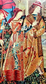 Middle Ages Prints: Tapestry of a richly dressed couple made in France. Dated 15th Century